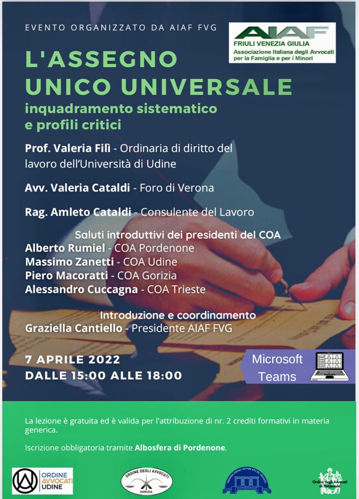 L'assegno unico universale, evento AIAF Friuli Venezia Giulia in programma il 7 aprile